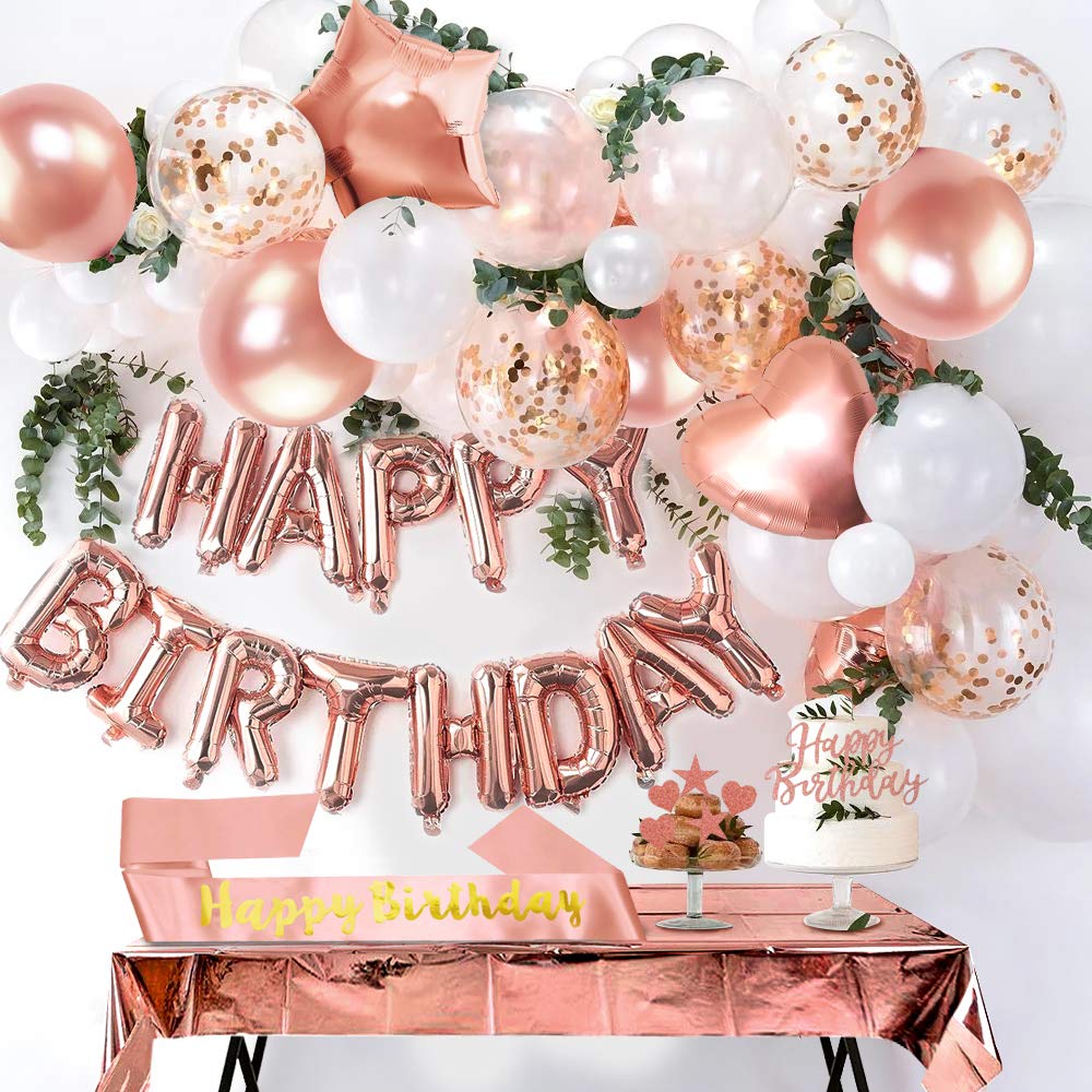 Humairc Rose Gold Birthday Decoration for Girls Women, Happy Birthday Balloons Banner Birthday Table Cloth Birthday Sash Confetti Balloon Cake Topper 10g Confetti - Lockdown Birthday Decor