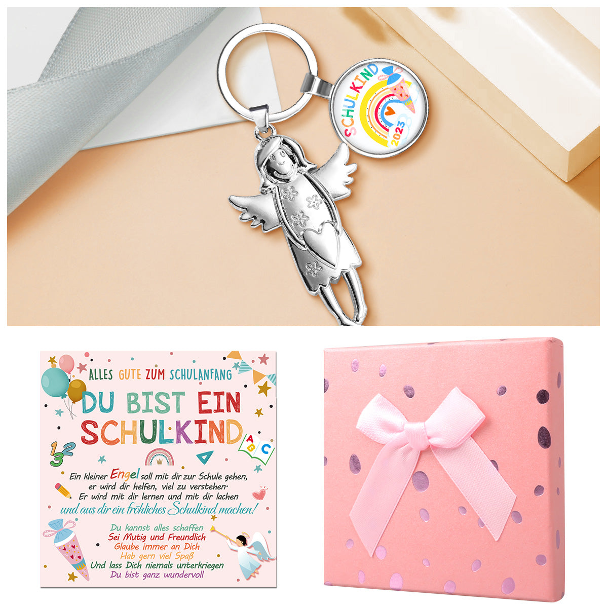 Humairc Einschulung Mädchen Junge Geschenk Schutzengel Schlüsselanhänger Schulkind Schultüte Füllung Schulanfang Glücksbringer Plus Grußkarte Geschenkbox