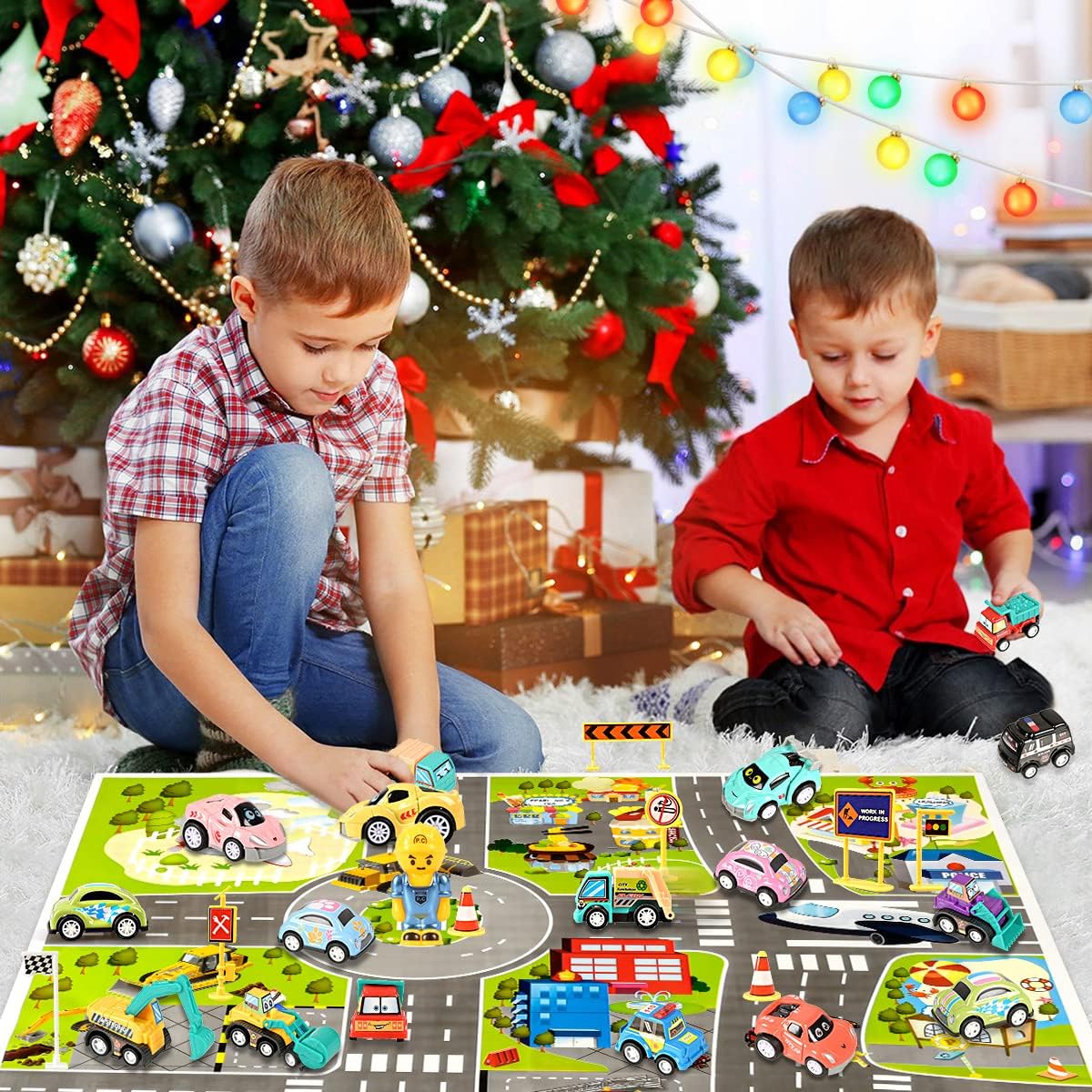 Humairc Calendrier de l'Avent Voiture 2023 Garçon, 24 Véhicule Construction Excavatrice Bus Scolaire Jeep avec Carte Routière - Calendrier de l'Avent Enfant Cadeaux de Noël Fils Petits Fils Neveux