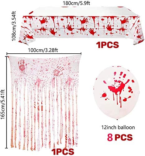 Humairc Halloween Party Decoration Including 12pcs Bloody Garland Torture 1 Bloody Tablecloth 1 Curtain 2 Handprints Footprints Stickers Scary halloween Bloody Balloons for Home Haunted House