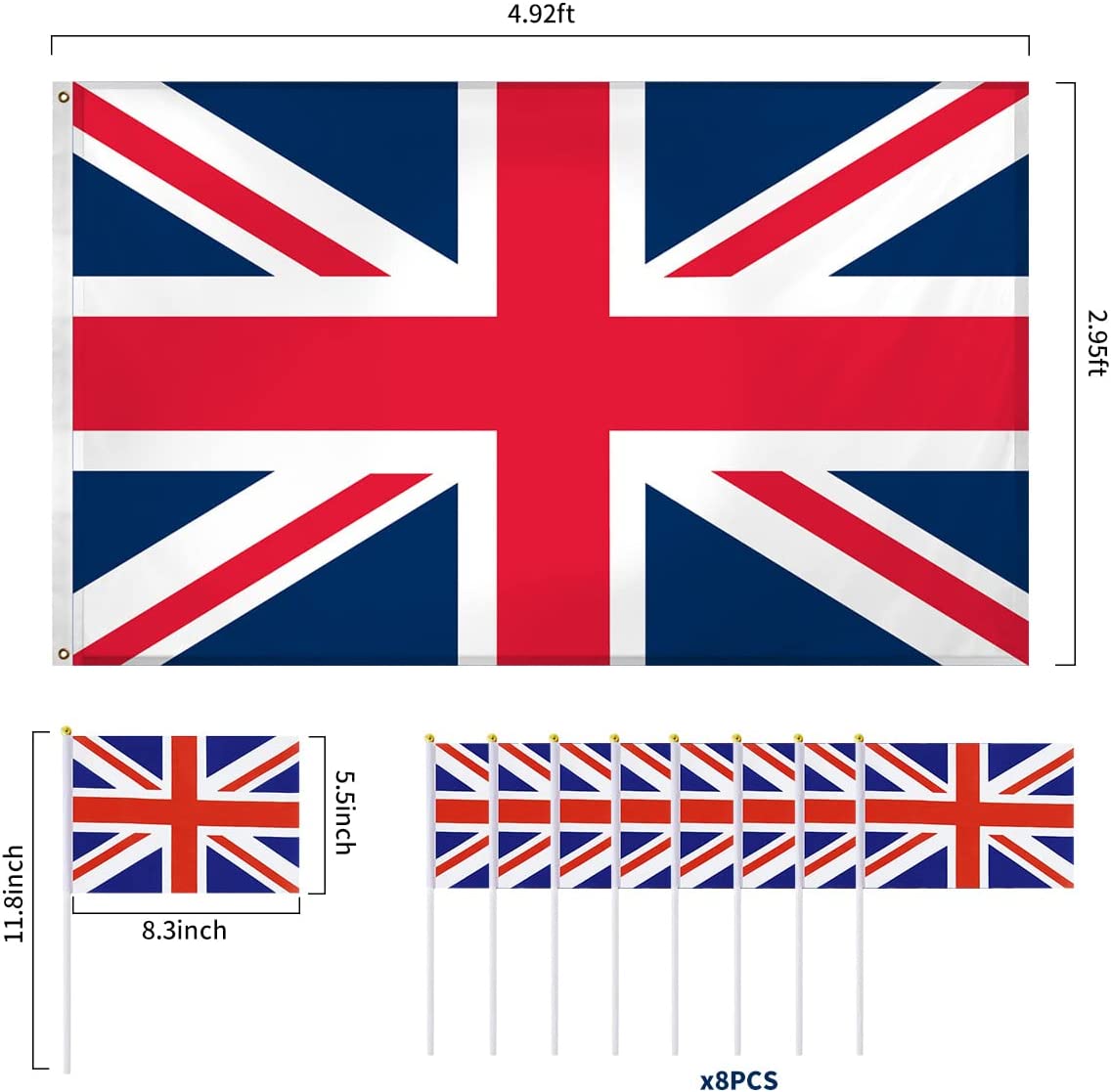 Humairc Union Jack - 90 * 150cm Union Jack, 8 Pcs 14 * 21cm Union Jack Hand Waving Flags - Indoor and Outdoor Decorative Flags