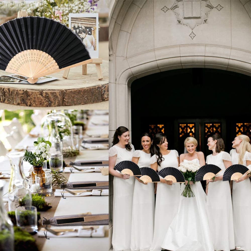 Humairc Black Wedding Fan 10pcs Cloth Folding Hand Held Fan and 10pcs Organza Bags Bamboo Chinese Fans for Church Wedding Gift Wall Decoration Party Favor DIY Wall Summer Party Guest Gifts
