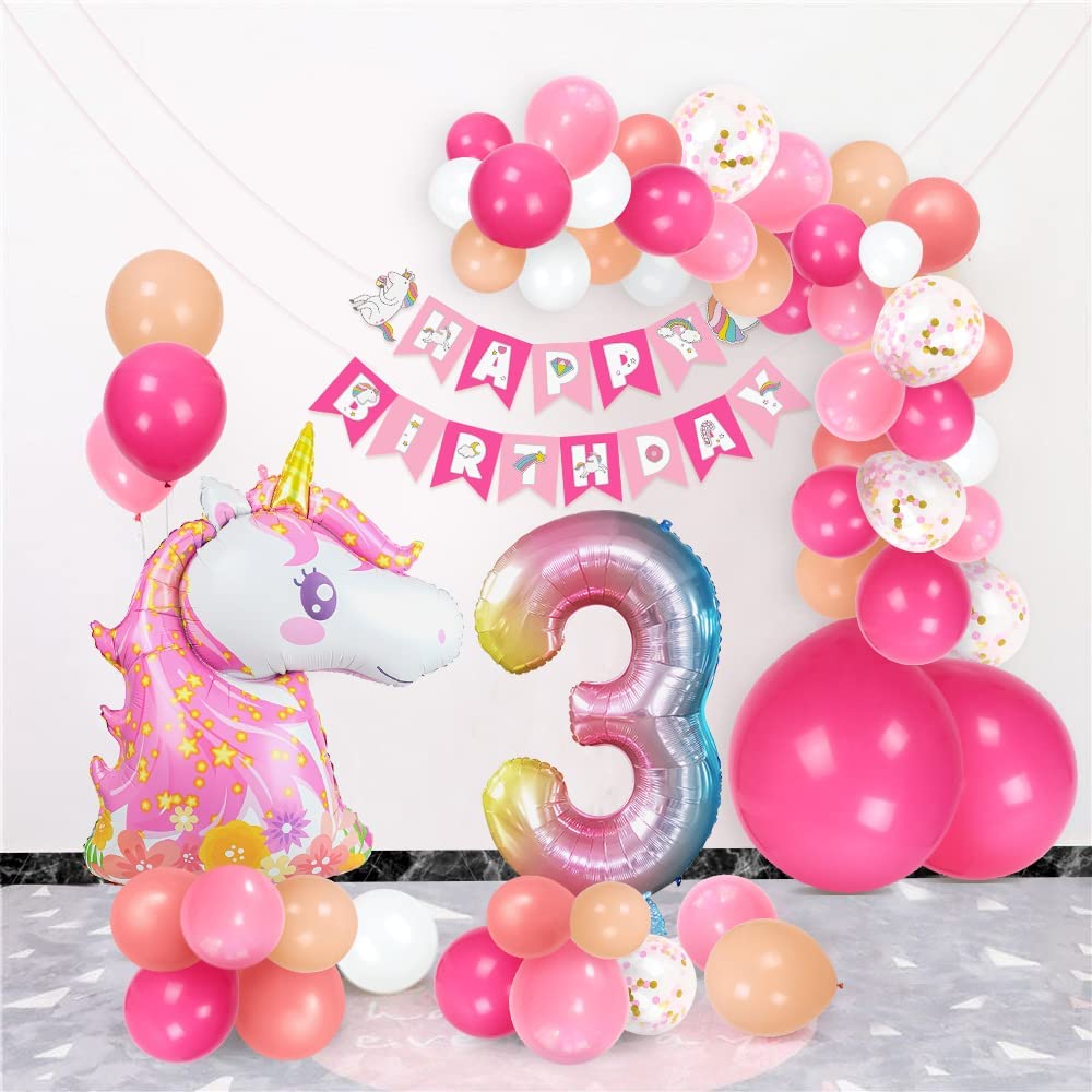 Humairc Decoration Anniversaire Licorne, Deco anniversaire Fille 3 ans Ballon Licorne Nappe Licorne Banderole Joyeux Anniversaire Decoration Gateau Grand Ballon Numéro 3, Cadeau Enfant 3 ans