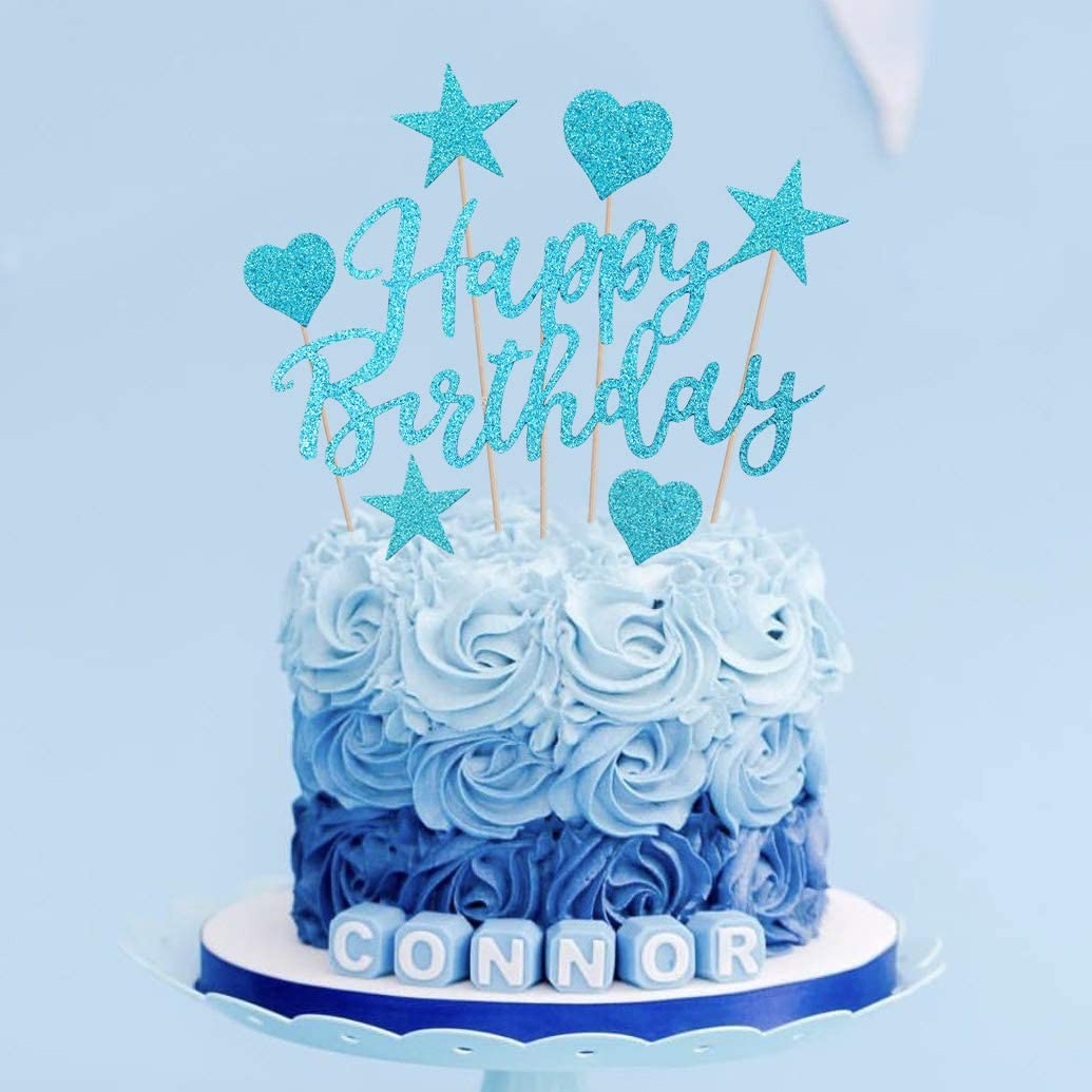 Humairc 2 Sets Blue Cake Topper Blue Birthday Cake Decoration for Boys Girls Kids Shiny Hearts Stars Cake Topper for Birthday Party Anniversary Wedding 22pcs