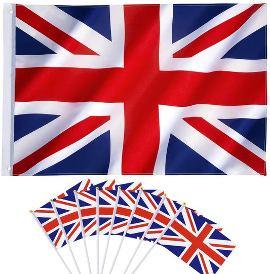 Humairc Union Jack - 90 * 150cm Union Jack, 8 Pcs 14 * 21cm Union Jack Hand Waving Flags - Indoor and Outdoor Decorative Flags