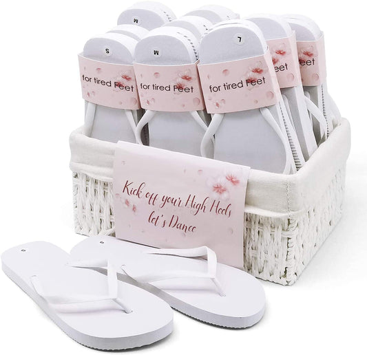 Humairc Wedding Flip Flops Guests 10 Pairs with Vintage Basket, Women's Slippers for Dancing - Party Favour for Guests Birthday Wedding Bride Party Hen Party - Mixed Sizes S M L - White