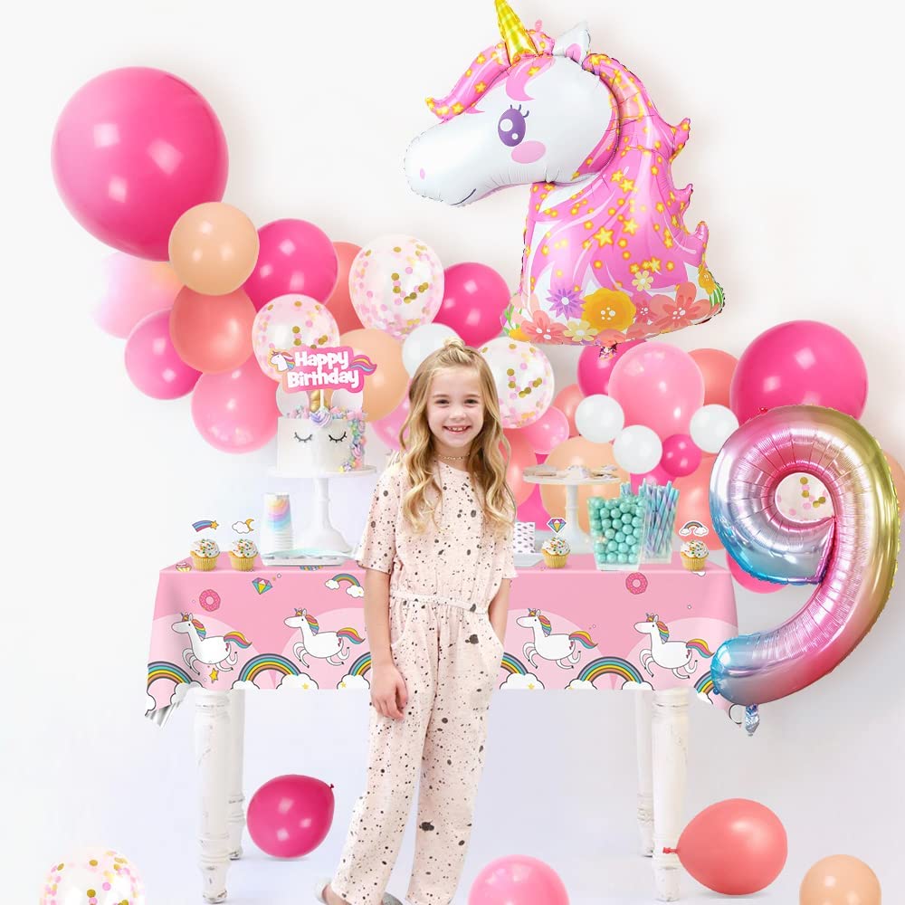 Humairc Decoration Anniversaire Licorne, Deco anniversaire Fille 9 ans Ballon Licorne Nappe Licorne Banderole Joyeux Anniversaire Decoration Gateau Grand Ballon Numéro 9, Cadeau Enfant 9 ans