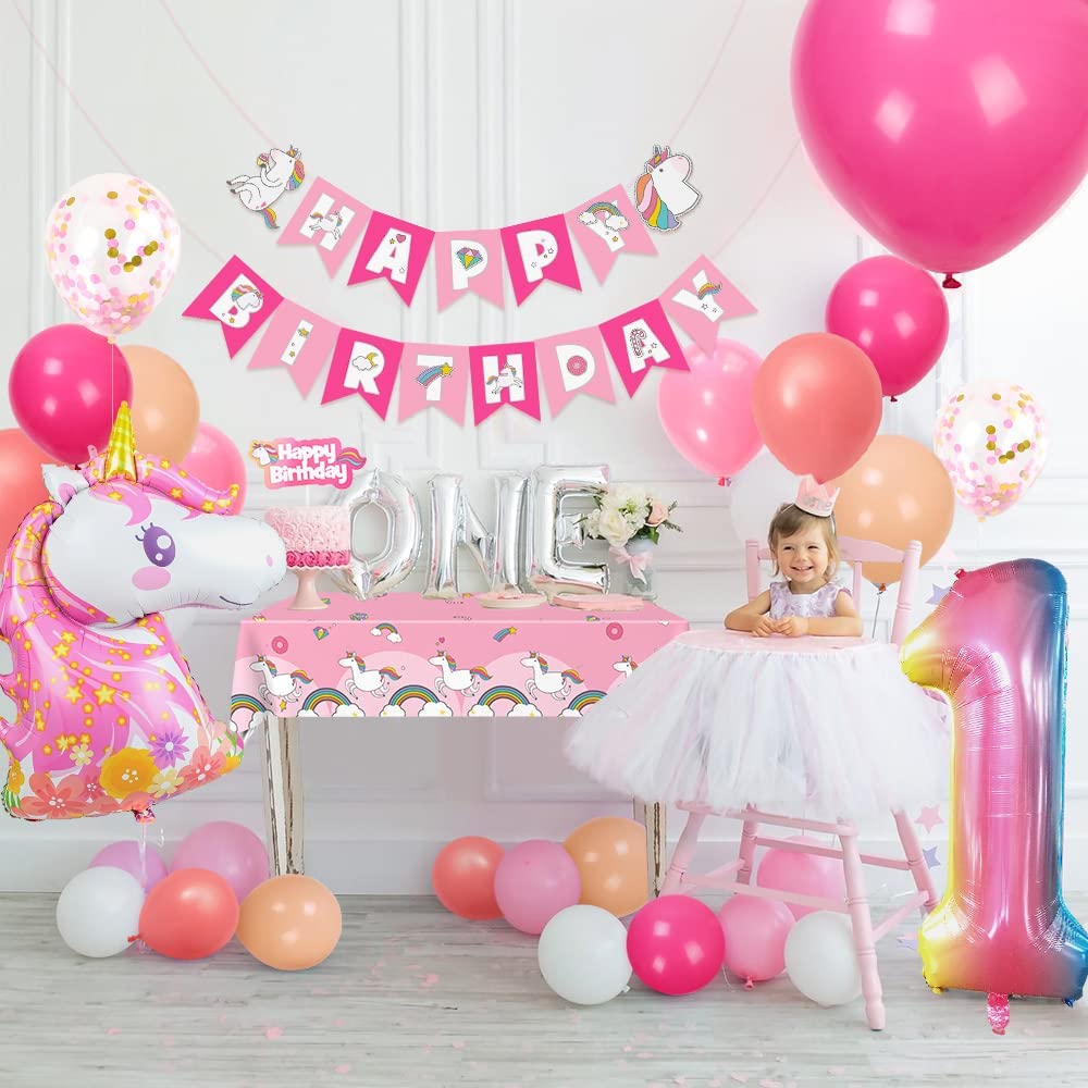 Humairc Decoration Anniversaire Licorne, Deco Anniversaire Fille 1 an Ballon Licorne Nappe Licorne Banderole Joyeux Anniversaire Decoration Gateau Grand Ballon Numéro 1, Cadeau Enfant 1 an