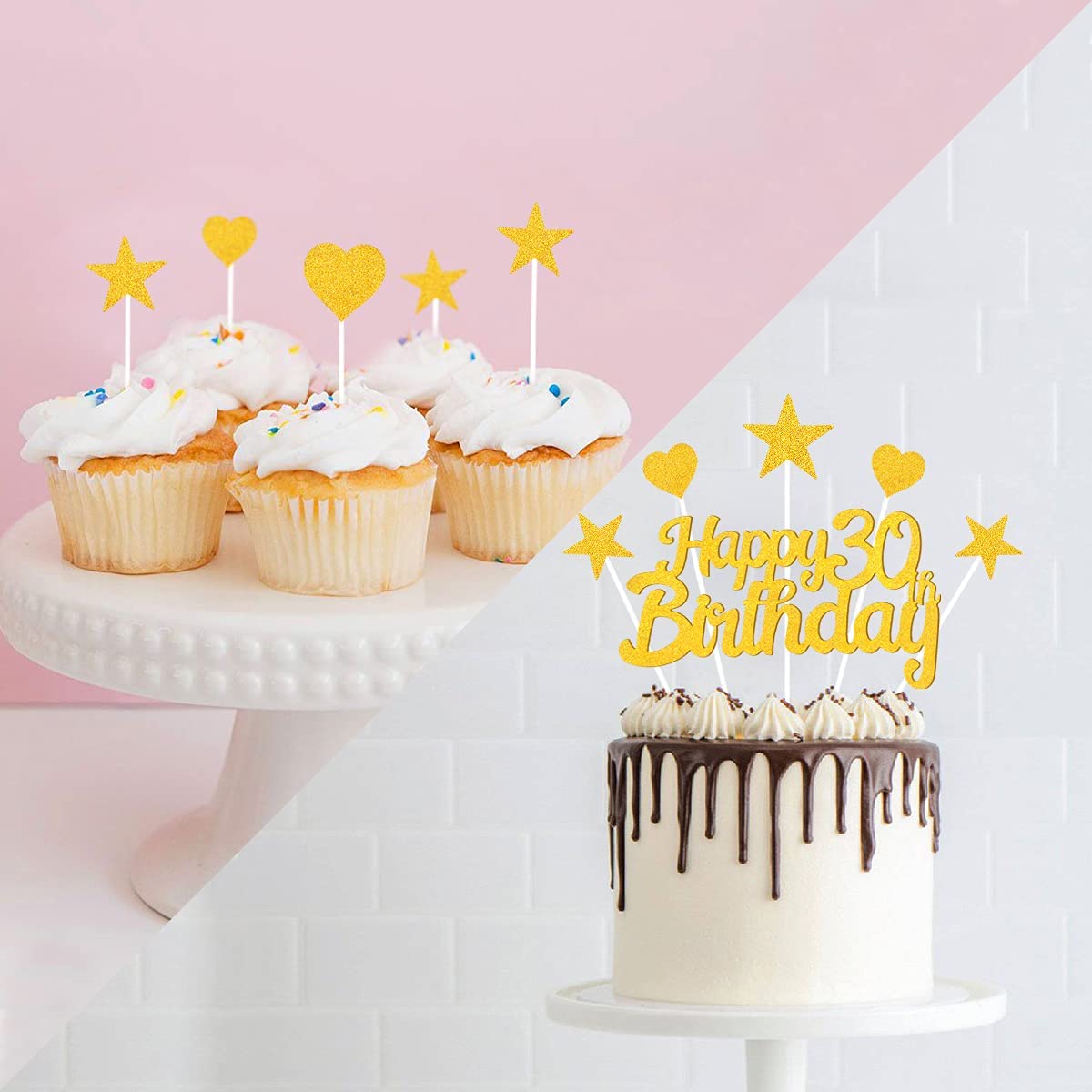 Humairc 30th Cake Toppers Men, 30th Cake Decorations Women, Gold Happy Birthday Cupcake Topper Star Heart Topper for Birthday Party Decor - 30 Years Old Birthday Cake Ideas - Boy Girl