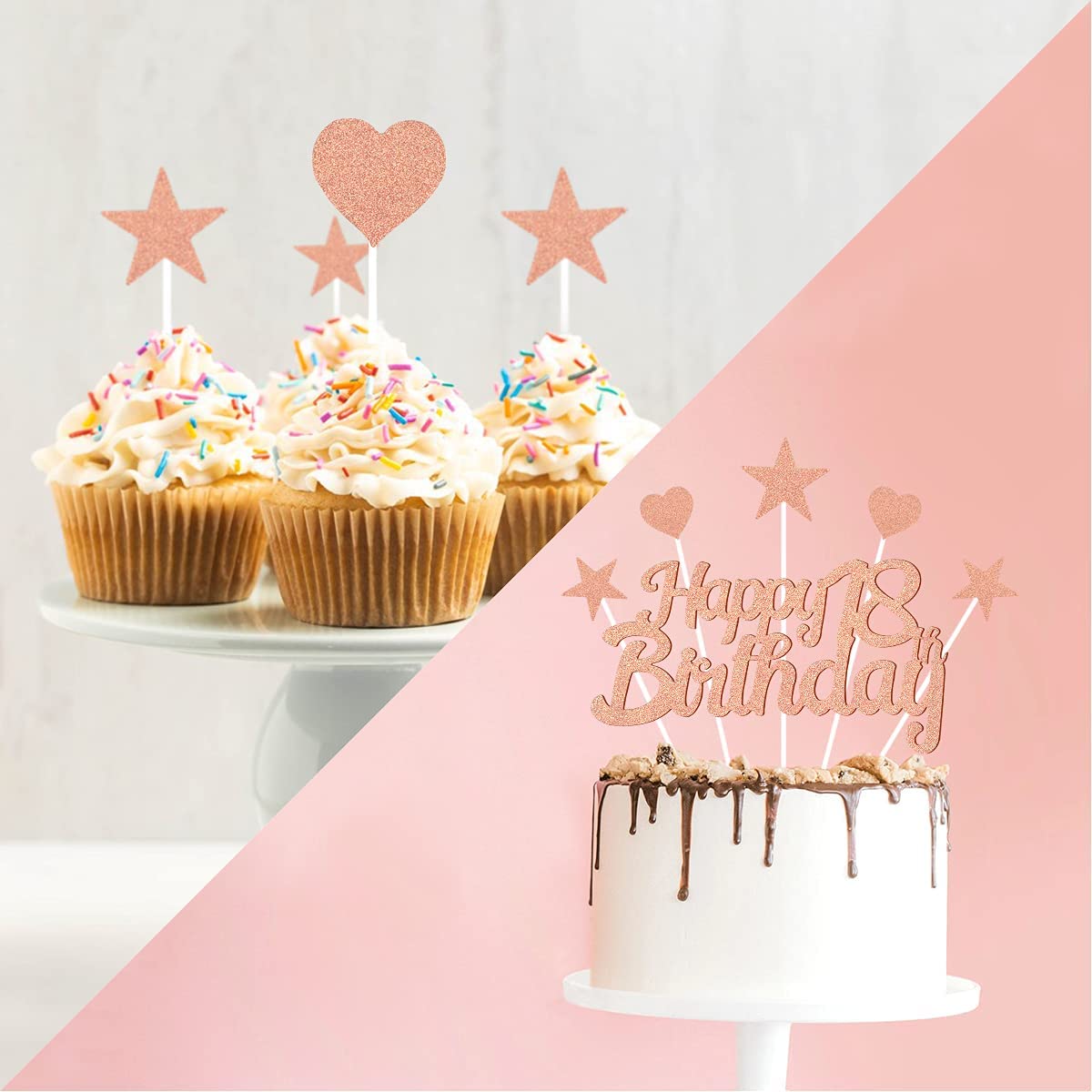 Humairc 18th Rose Gold Cake Decorations Happy Birthday Cake Topper for Girls Women Kids, Cupcake Topper for Shiny Rose Gold Birthday Party Cake Decorating