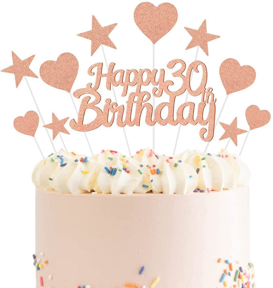 Humairc 30th Rose Gold Cake Decorations Happy Birthday Cake Topper for Girls Women Kids, Cupcake Topper for Shiny Rose Gold Birthday Party Cake Decorating