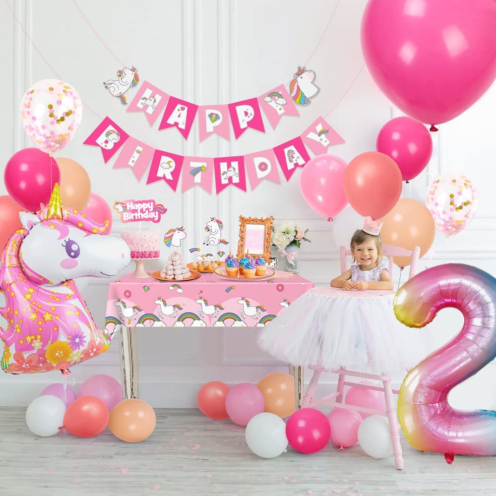 Humairc Decoration Anniversaire Licorne, Deco anniversaire Fille 2 ans Ballon Licorne Nappe Licorne Banderole Joyeux Anniversaire Decoration Gateau Grand Ballon Numéro 2, Cadeau Enfant 2 ans