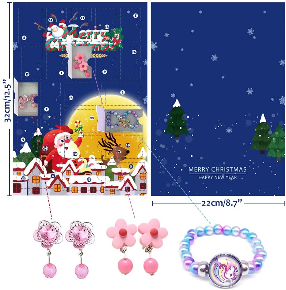 Humairc Unicorn Advent Calendar Girls Jewelry 2021 Christmas, 24 Days Countdown Gifts of Unicorn Necklace Bracelet Earring Clips Rings Hair Accessories, Xmas Surprise for Kids Children Daughter