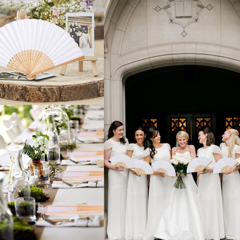 Humairc White Wedding Fan 12pcs Cloth Folding Hand Held Fan and 12pcs Organza Bags Bamboo Chinese Fans for Church Wedding Gift Wall Decoration Party Favor DIY Wall Summer Party Guest Gifts