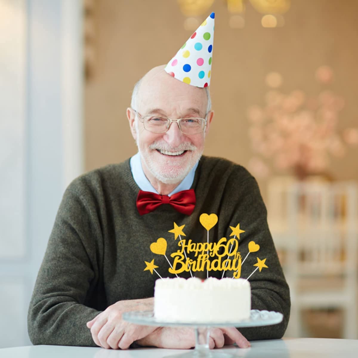 Humairc 60th Cake Toppers Men, 60th Cake Decorations Women, Gold Happy Birthday Cupcake Topper Star Heart Topper for Birthday Party Decor - 60 Years Old Birthday Cake Ideas - Boy Girl
