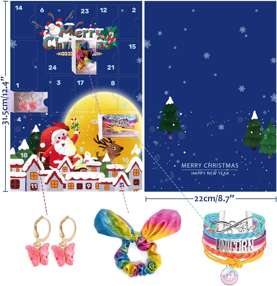 Humairc Advent Calendar Unicorn Girls Jewelry 2022 Christmas Gifts, 24 Days Countdown Gifts of Unicorn Necklace Bracelet Earring Clips Rings Hair Accessories, Xmas Surprise for Children Daughter Kids