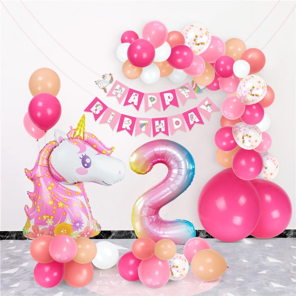 Humairc Decoration Anniversaire Licorne, Deco anniversaire Fille 2 ans Ballon Licorne Nappe Licorne Banderole Joyeux Anniversaire Decoration Gateau Grand Ballon Numéro 2, Cadeau Enfant 2 ans