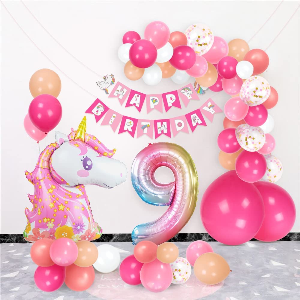 Humairc Decoration Anniversaire Licorne, Deco anniversaire Fille 9 ans Ballon Licorne Nappe Licorne Banderole Joyeux Anniversaire Decoration Gateau Grand Ballon Numéro 9, Cadeau Enfant 9 ans