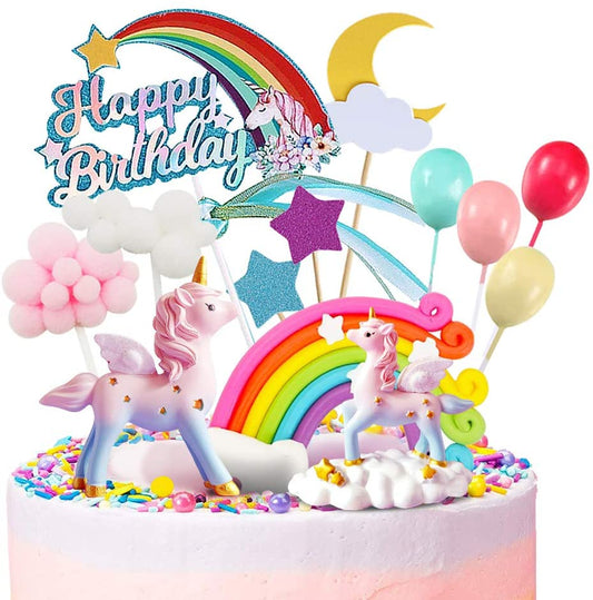 Humairc Unicorn Cake Decoration Rainbow Unicorn Cake Topper Happy Birthday Topper Cloud Balloons Moon Stars Cupcake Topper for Girl Kid Women Birthday Party Wedding Anniversary Decoration