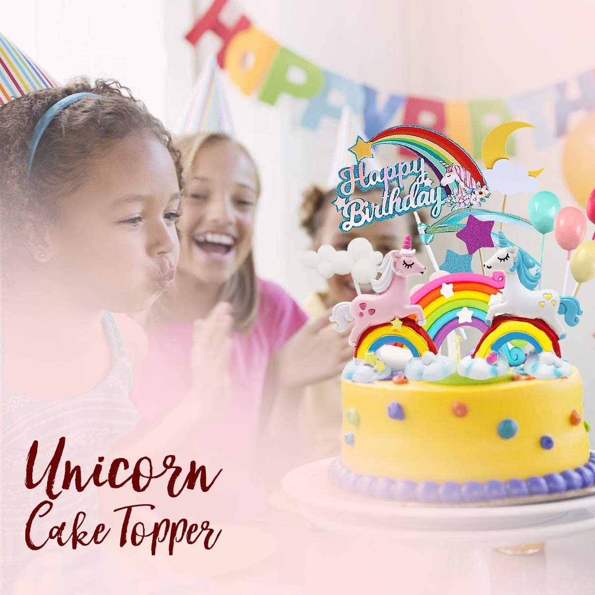 Humairc Unicorn Cake Topper Rainbow Unicorn Happy Birthday Cake Decoration Happy Birthday Topper Cloud Balloons Moon Stars Cupcake Topper for Girl Kid Women Birthday Party Decoration