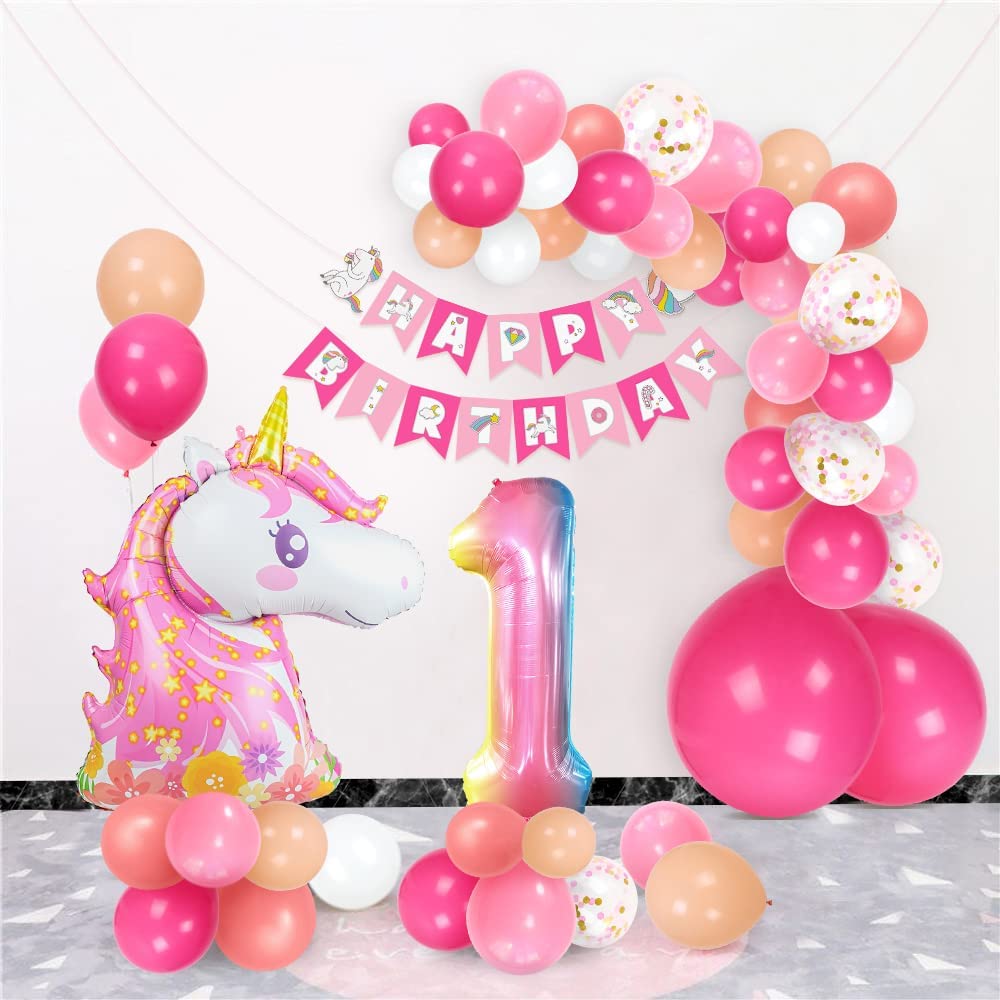 Humairc Decoration Anniversaire Licorne, Deco Anniversaire Fille 1 an Ballon Licorne Nappe Licorne Banderole Joyeux Anniversaire Decoration Gateau Grand Ballon Numéro 1, Cadeau Enfant 1 an