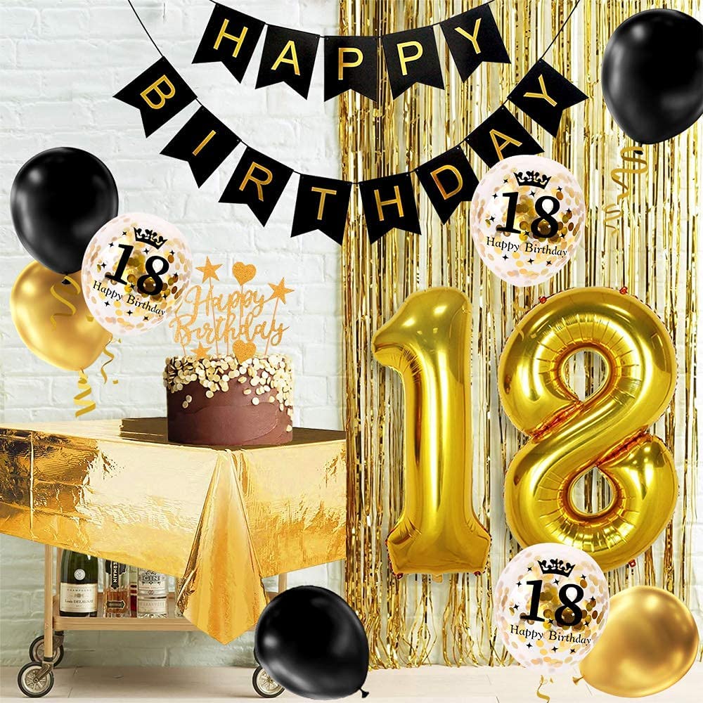 Humairc 18th Black Gold Birthday Party Decoration Happy Birthday Banner Number 18 40inch 2 Fringe Curtain Foil Tablecloth Confetti Balloon Cake Topper Table Confetti Kids Adult Man Woman