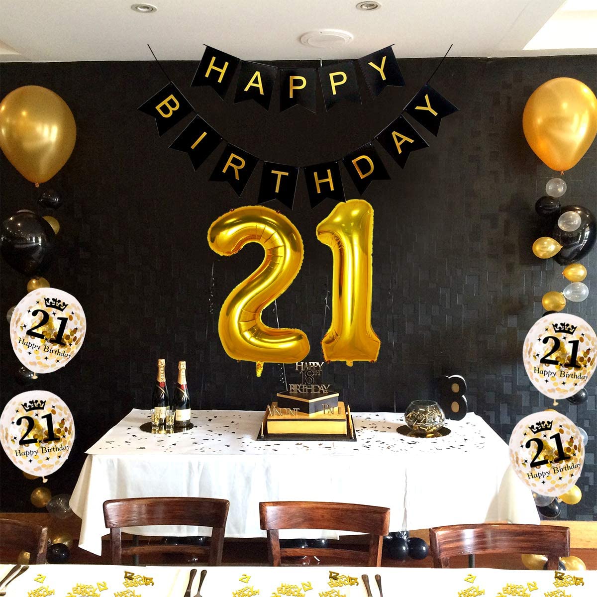 Humairc 21st Black Gold Birthday Party Decoration Happy Birthday Banner Balloon 21 40inch 2 Fringe Curtain Foil Tablecloth Confetti Balloon Cake Topper Table Confetti Kids Adult Man Woman