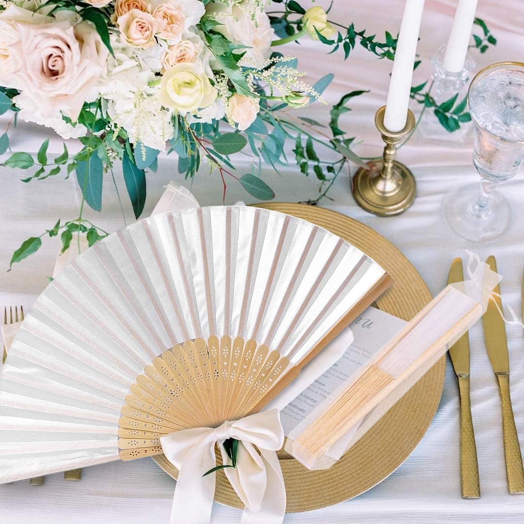 Humairc White Wedding Fan 12pcs Cloth Folding Hand Held Fan and 12pcs Organza Bags Bamboo Chinese Fans for Church Wedding Gift Wall Decoration Party Favor DIY Wall Summer Party Guest Gifts