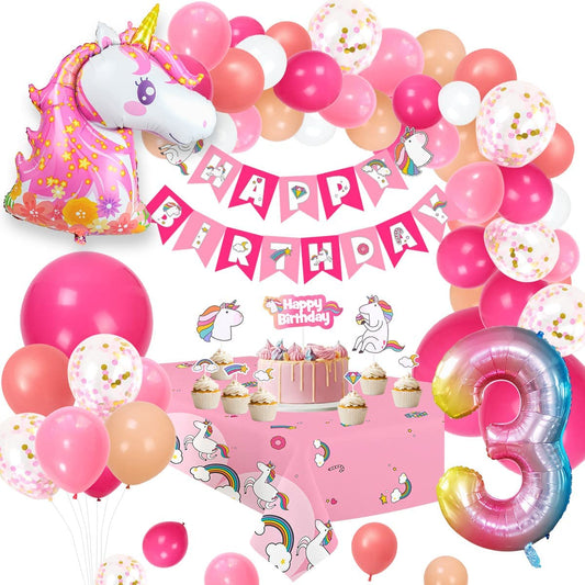 Humairc Decoration Anniversaire Licorne, Deco anniversaire Fille 3 ans Ballon Licorne Nappe Licorne Banderole Joyeux Anniversaire Decoration Gateau Grand Ballon Numéro 3, Cadeau Enfant 3 ans