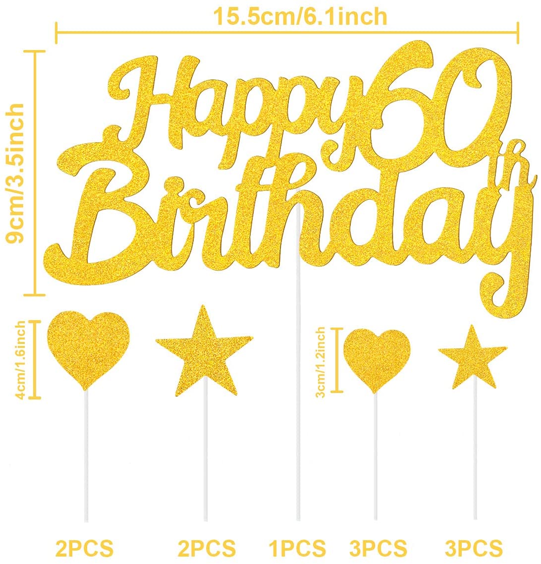 Humairc 60th Cake Toppers Men, 60th Cake Decorations Women, Gold Happy Birthday Cupcake Topper Star Heart Topper for Birthday Party Decor - 60 Years Old Birthday Cake Ideas - Boy Girl