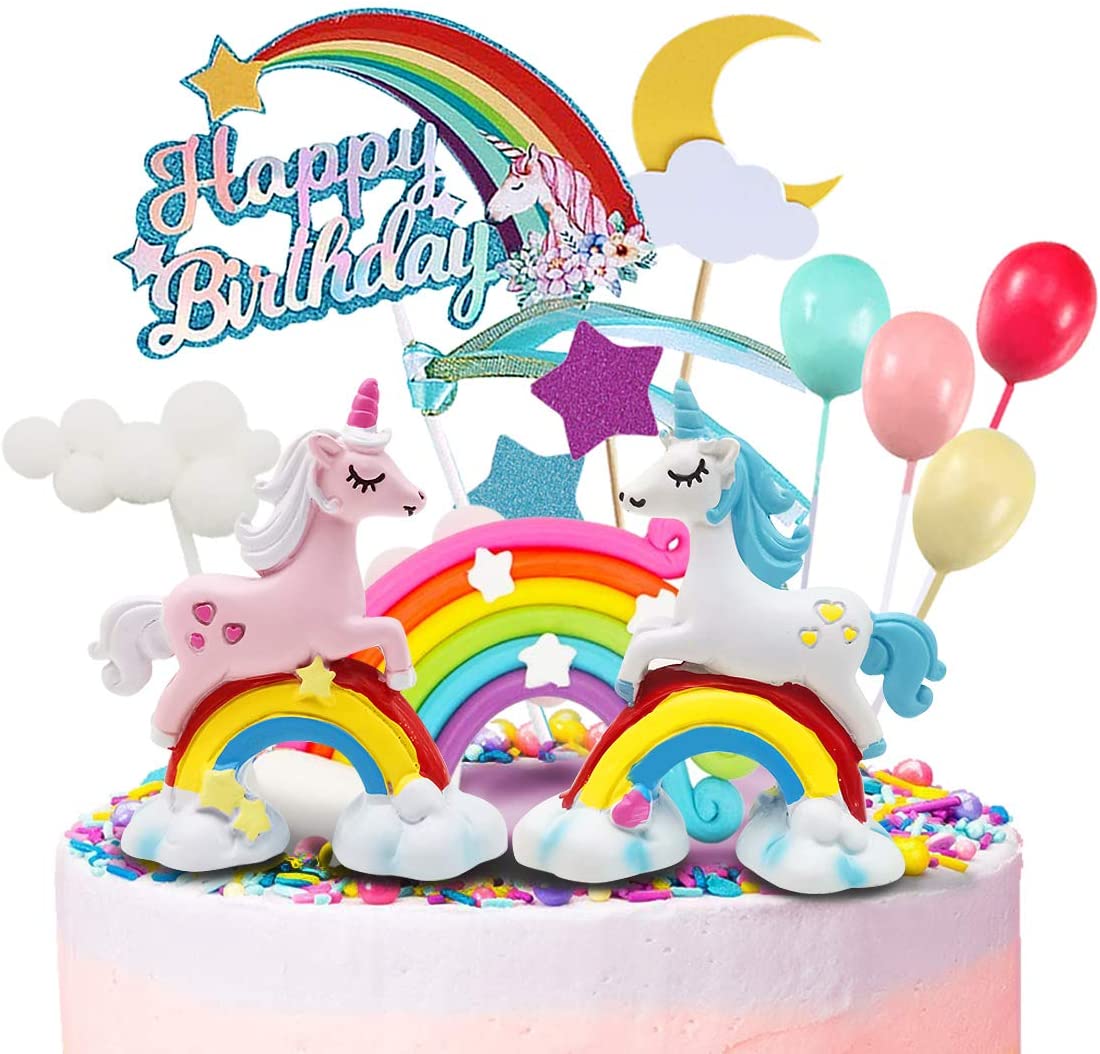 Humairc Unicorn Cake Topper Rainbow Unicorn Happy Birthday Cake Decoration Happy Birthday Topper Cloud Balloons Moon Stars Cupcake Topper for Girl Kid Women Birthday Party Decoration