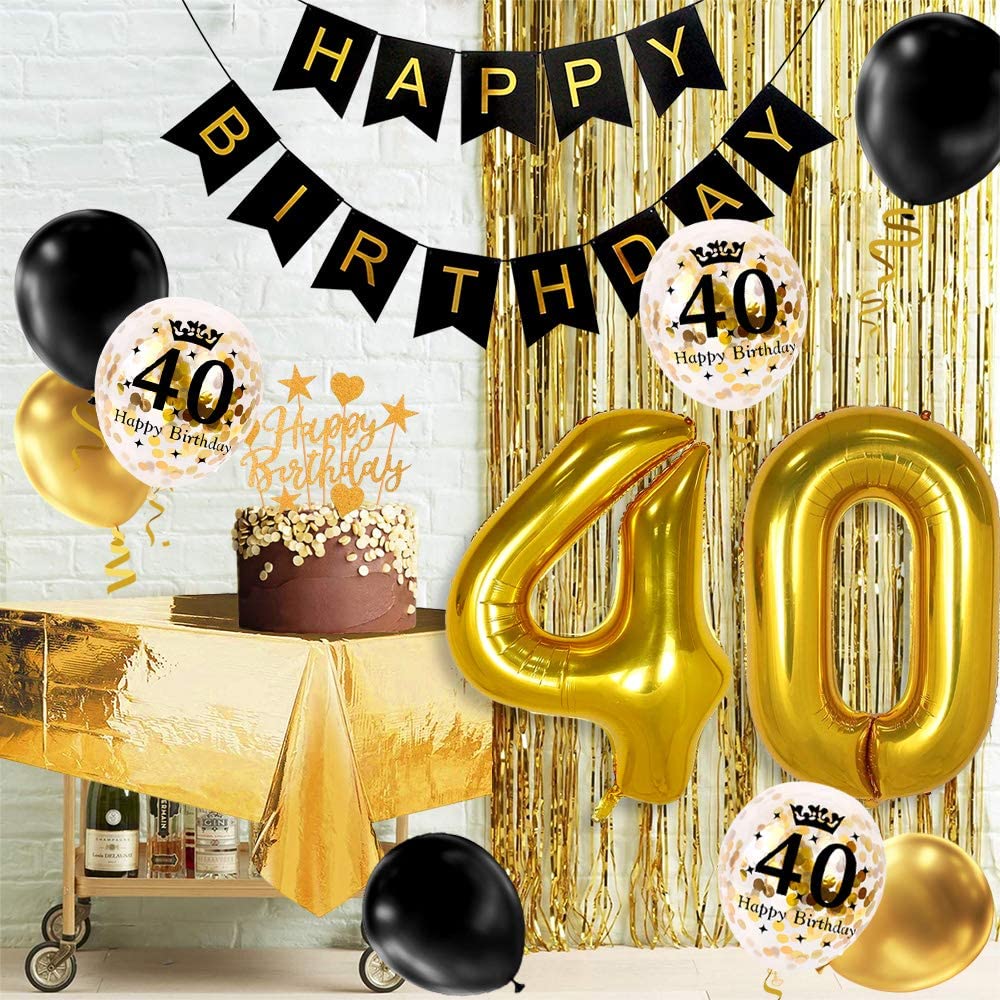 Humairc 40th Black Gold Birthday Party Decoration Happy Birthday Banner Balloon 40 40inch 2 Fringe Curtain Foil Tablecloth Confetti Balloon Cake Topper Table Confetti Kids Adult Man Woman