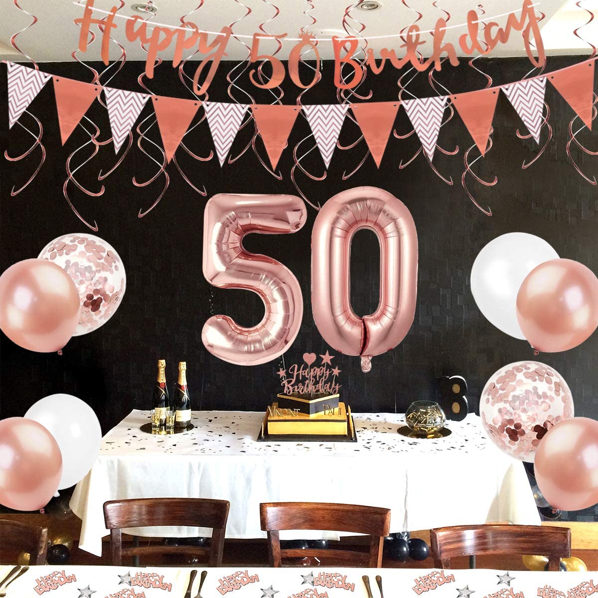 Humairc 50th Rose Gold Birthday Decorations, 50th Happy Birthday Banner Triangle Flag Banners 6pcs Hanging Swirl, Number 50 Balloons 8pcs Latex Balloons Cake Toppers Table Confetti for Women