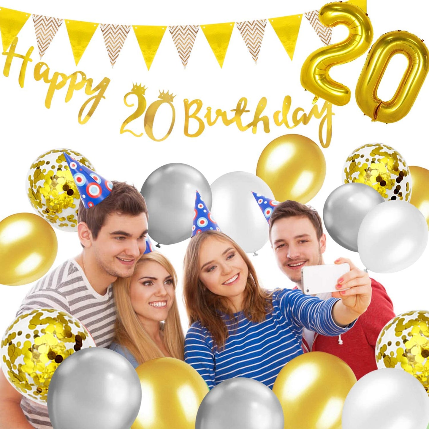 Humairc 20th Gold White Birthday Decorations, 20th Happy Birthday Banner Triangle Flag Banners 6pcs Nunber Hanging Swirl, Number 20 Balloons 8pcs Latex Balloons Table Confetti - Man Woman Boys