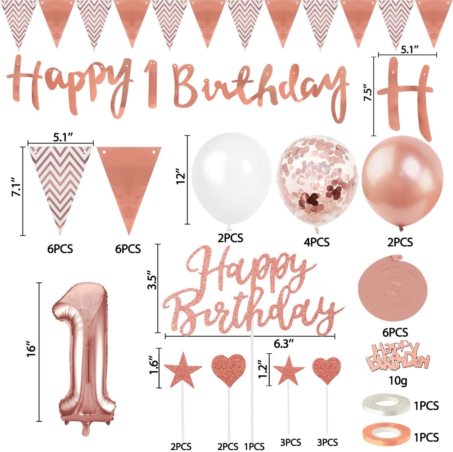 Humairc 1st Birthday Balloons Decorations for Girls, 1st Happy Birthday Banner Triangle Flag Hanging Swirl Cake Toppers Confetti - Baby Gilr First Birthday Baby Shower- Rose Gold