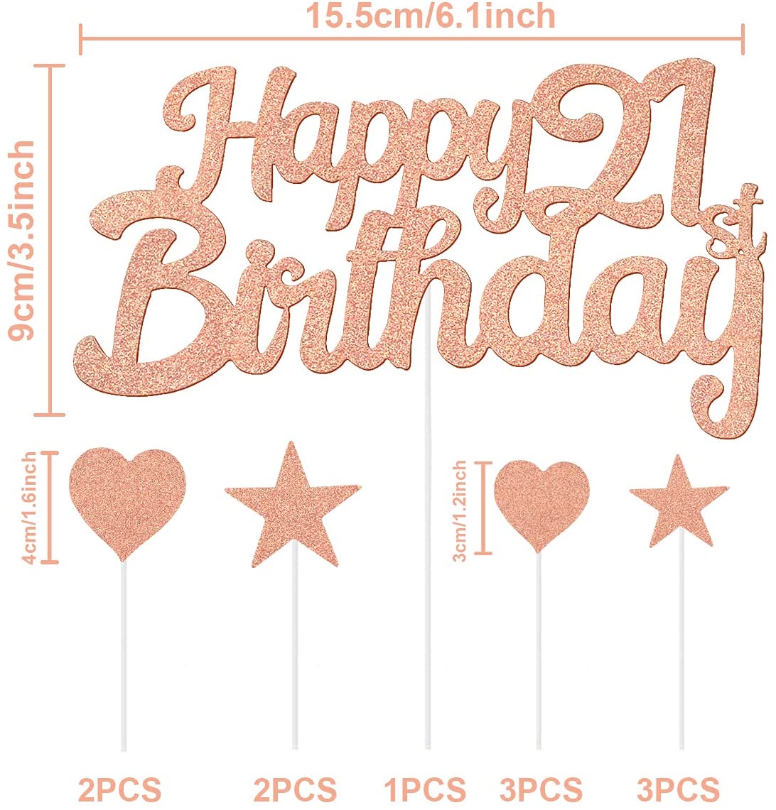 Humairc 21st Rose Gold Cake Decorations Happy Birthday Cake Topper for Girls Women Kids, Cupcake Topper for Shiny Rose Gold Birthday Party Cake Decorating