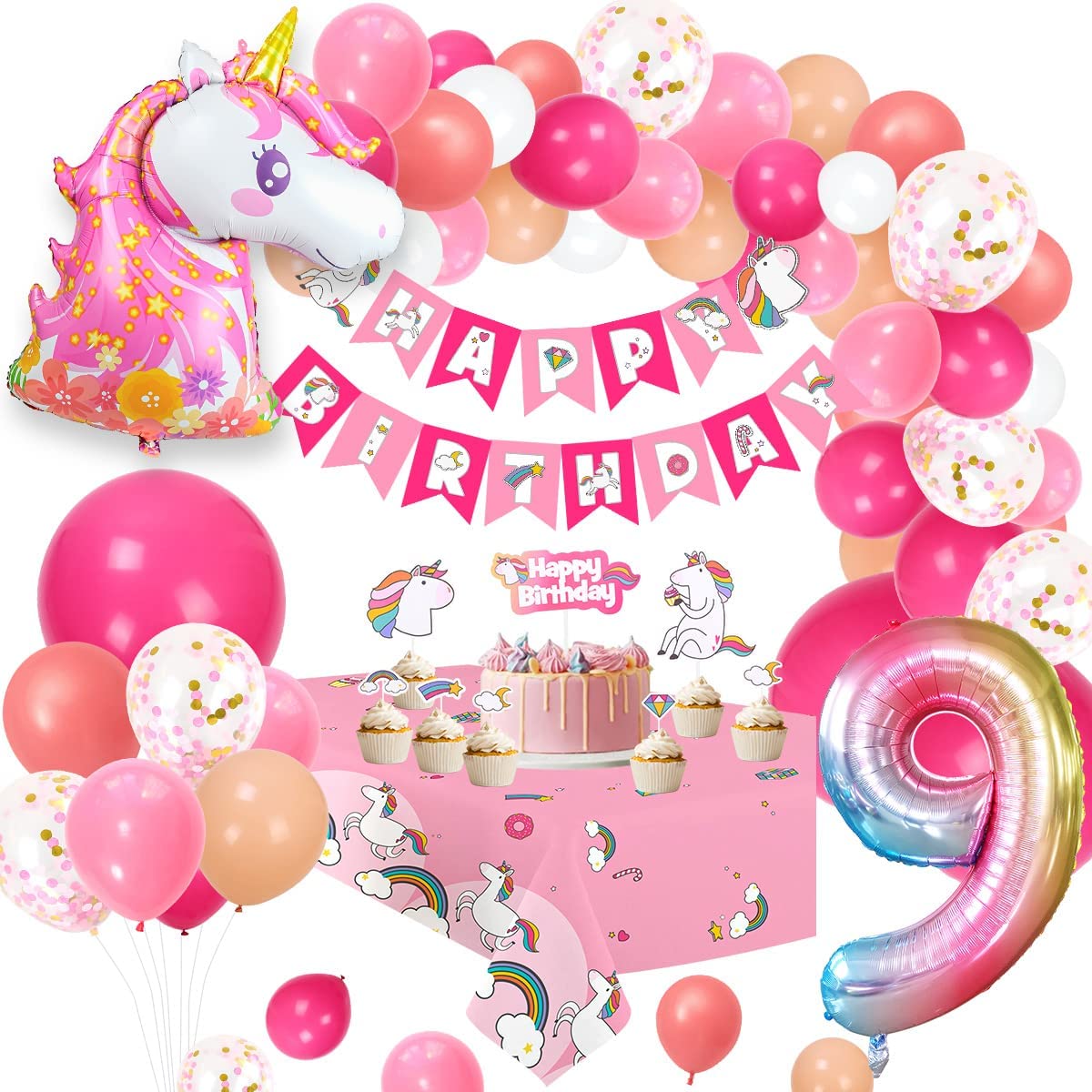 Humairc Decoration Anniversaire Licorne, Deco anniversaire Fille 9 ans Ballon Licorne Nappe Licorne Banderole Joyeux Anniversaire Decoration Gateau Grand Ballon Numéro 9, Cadeau Enfant 9 ans