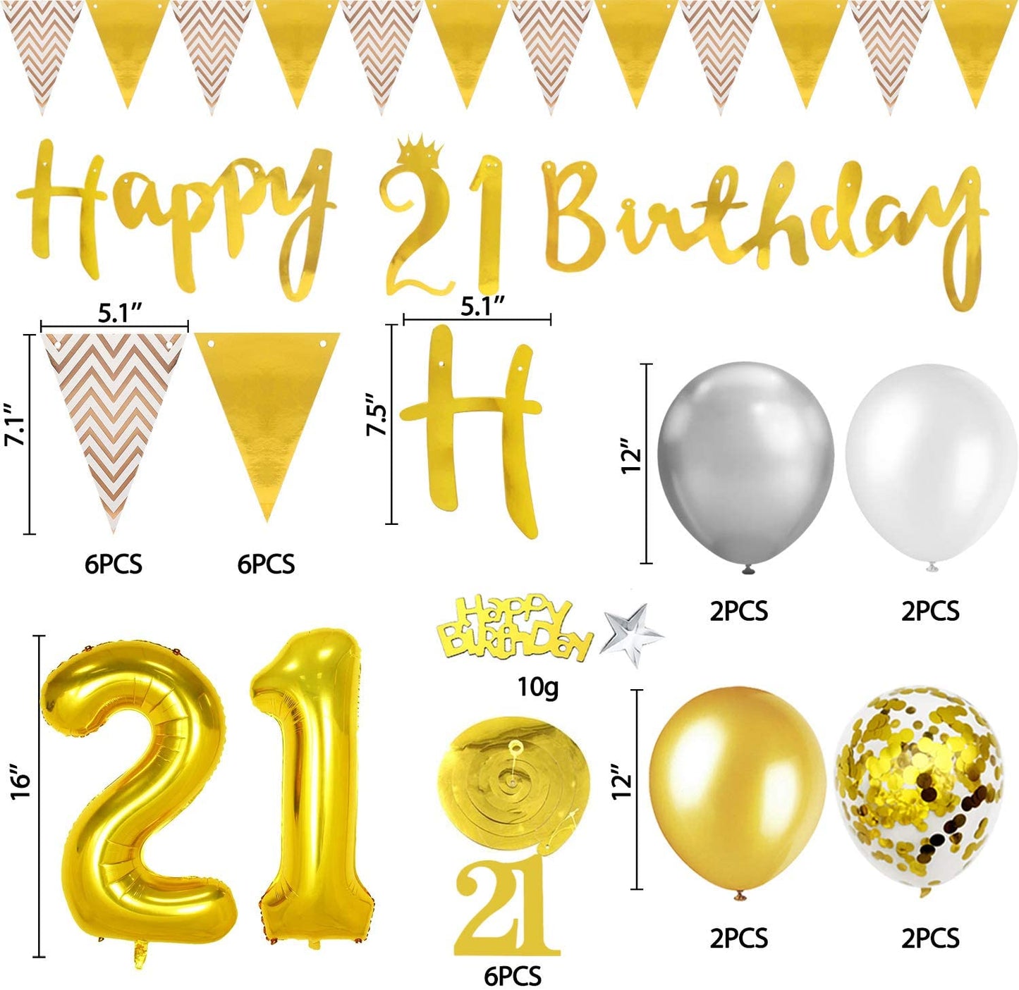 Humairc 21st Gold White Birthday Decorations, 21st Happy Birthday Banner Triangle Flag Banners 6pcs Nunber Hanging Swirl, Number 21 Balloons 8pcs Latex Balloons Table Confetti - Man Woman Boys