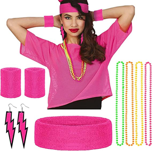 Humairc 80s Fancy Dress for Women, Costume Carnival Costume Halloween Woman 80s Accessories Costume Outfits - Headbands Wristbands 80s XXL T- Shirt Necklace Earrings