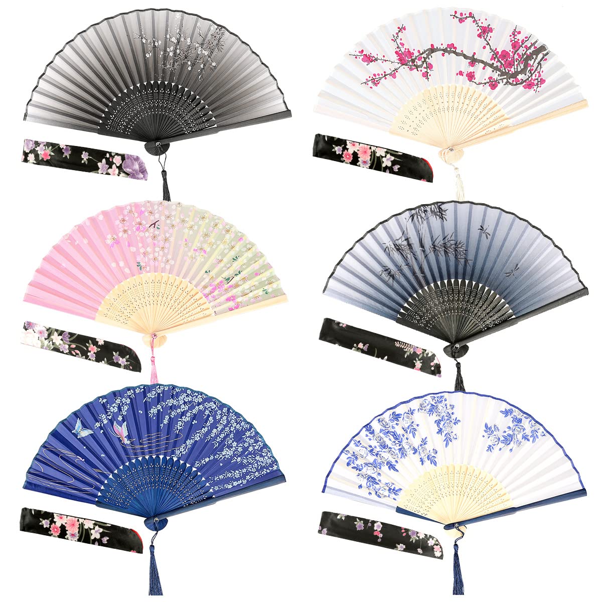 Humairc 6 pièces Eventail Mariage Eventail Japonais Eventail Pliant Poche Ventilateur Mariage Décoration Demoiselles Cadeaux Mariage Fête Danse Fête, avec Gland et Pochette Protection