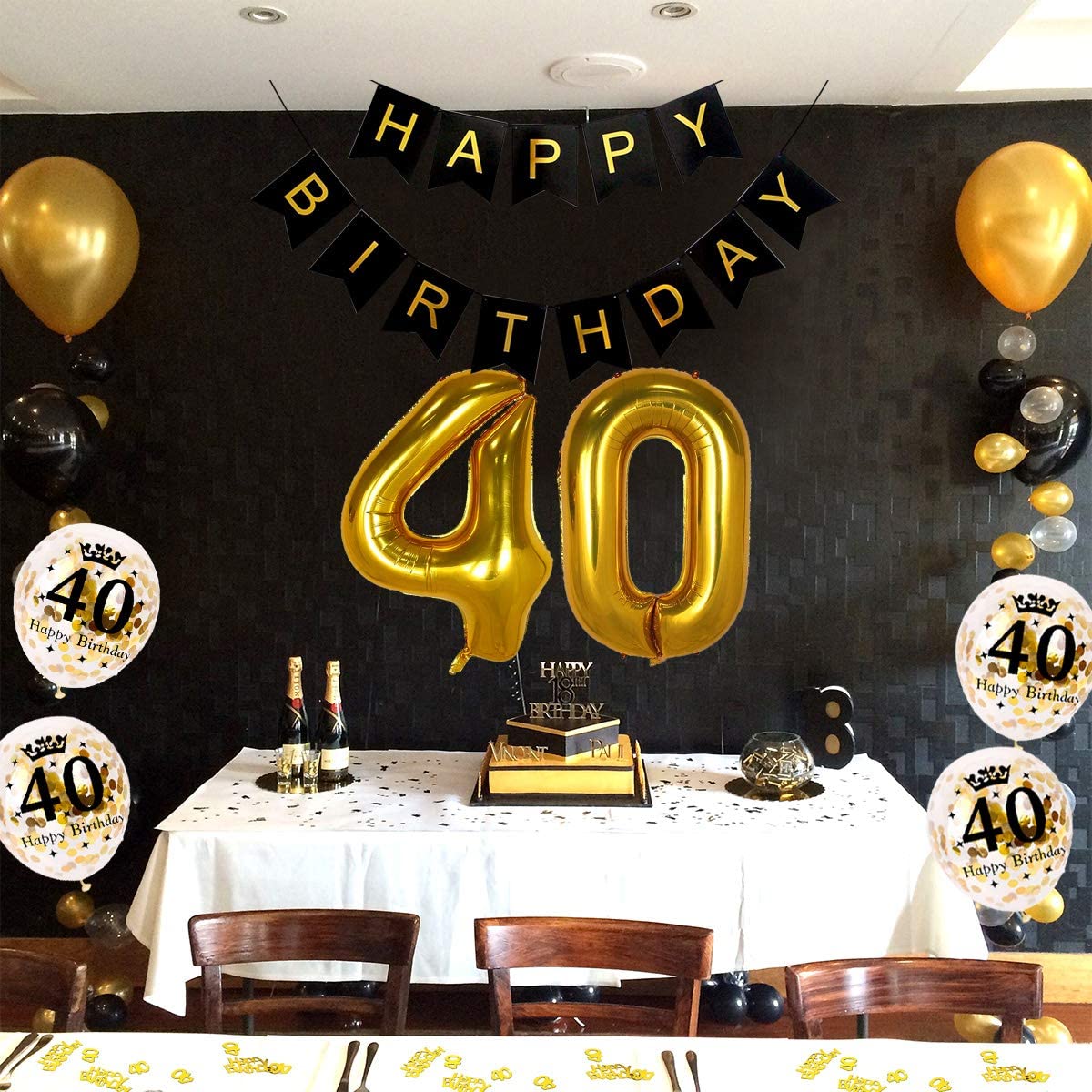 Humairc 40th Black Gold Birthday Party Decoration Happy Birthday Banner Balloon 40 40inch 2 Fringe Curtain Foil Tablecloth Confetti Balloon Cake Topper Table Confetti Kids Adult Man Woman