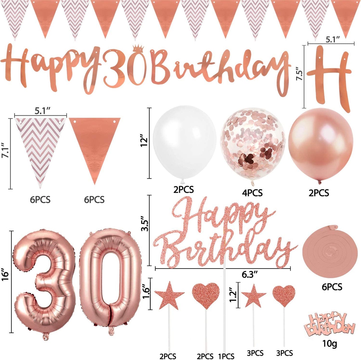 Humairc 30th Rose Gold Birthday Decorations, 30th Happy Birthday Banner Triangle Flag Banners 6pcs Hanging Swirl, Number 30 Balloons 8pcs Latex Balloons Cake Toppers Table Confetti for Women