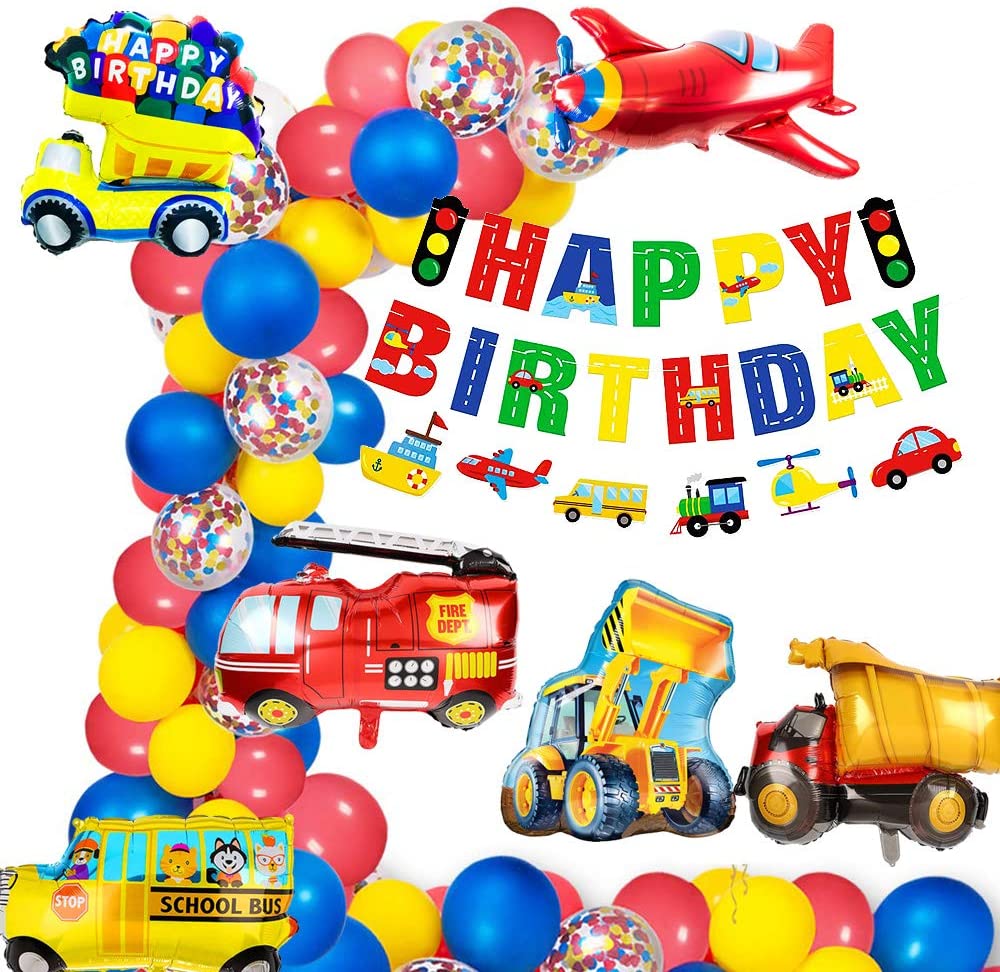 Humairc Boys Birthday Decoration Car Transport Balloon Happy Birthday Banner Construction Vehicle School Bus Fire Truck Plane Cake Topper for Kids Transport Themed Party