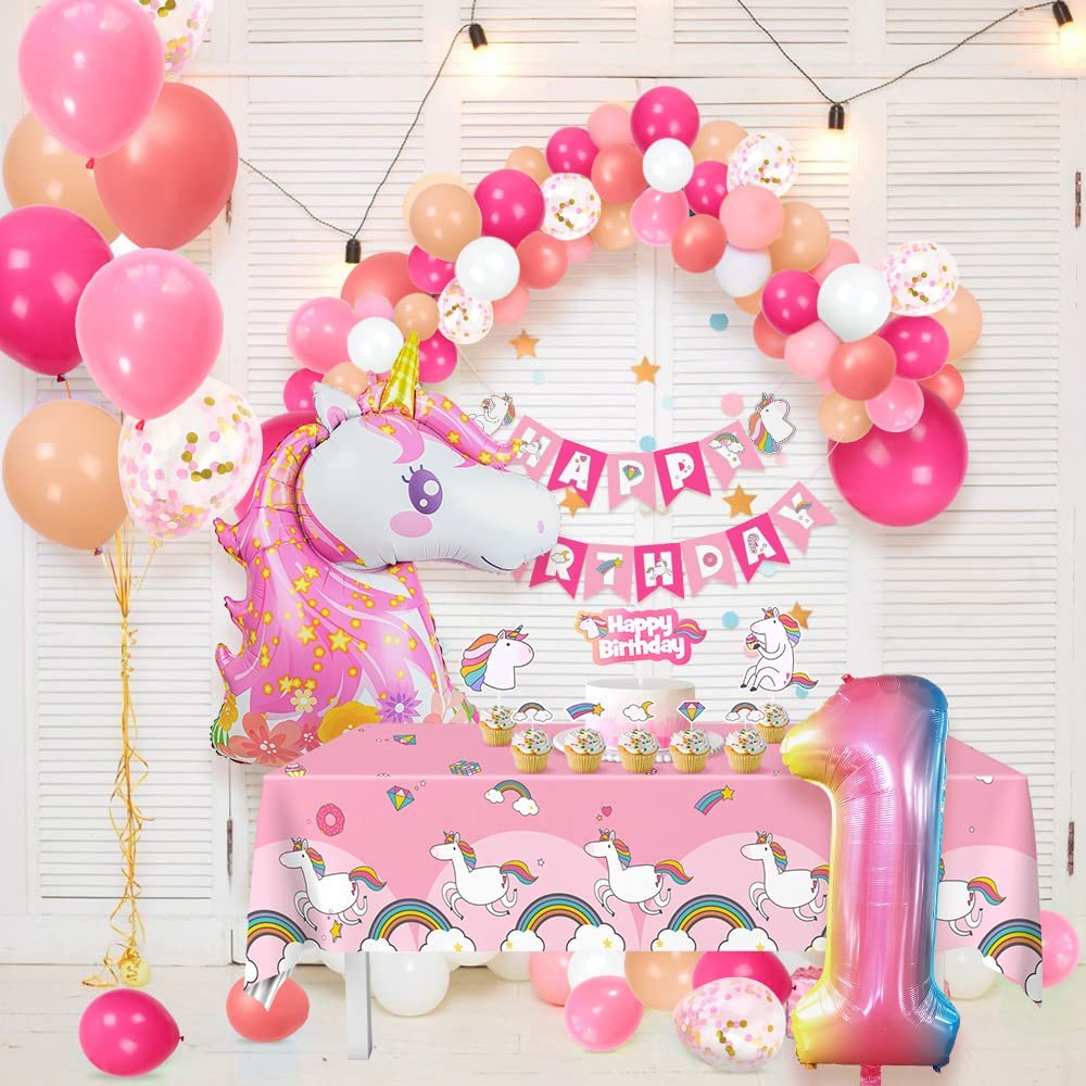 Humairc Decoration Anniversaire Licorne, Deco Anniversaire Fille 1 an Ballon Licorne Nappe Licorne Banderole Joyeux Anniversaire Decoration Gateau Grand Ballon Numéro 1, Cadeau Enfant 1 an