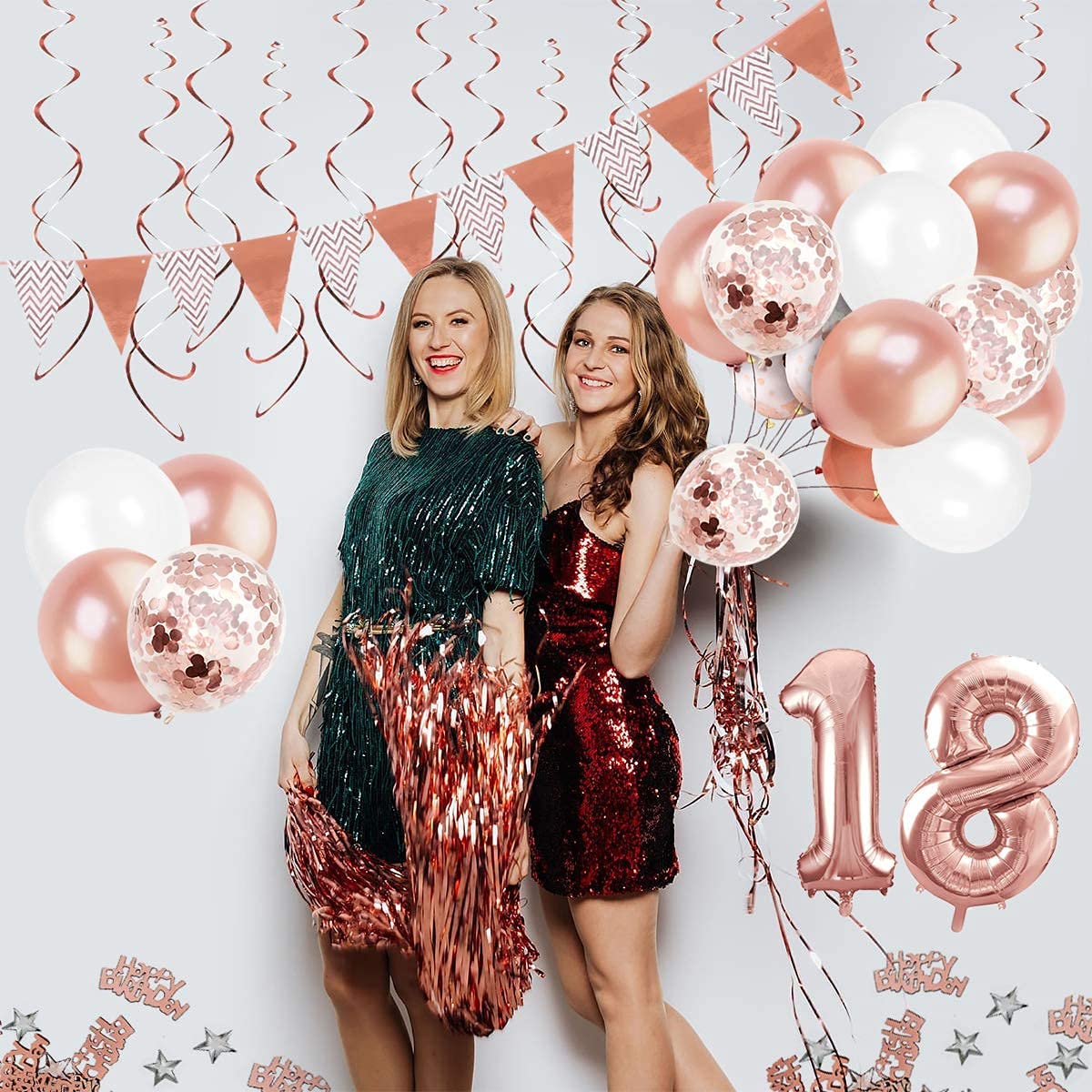 Humairc 18th Rose Gold Birthday Decorations, 18th Happy Birthday Banner Triangle Flag Banners 6pcs Hanging Swirl, Number 18 Balloons 8pcs Latex Balloons Cake Toppers Table Confetti for Women Girls