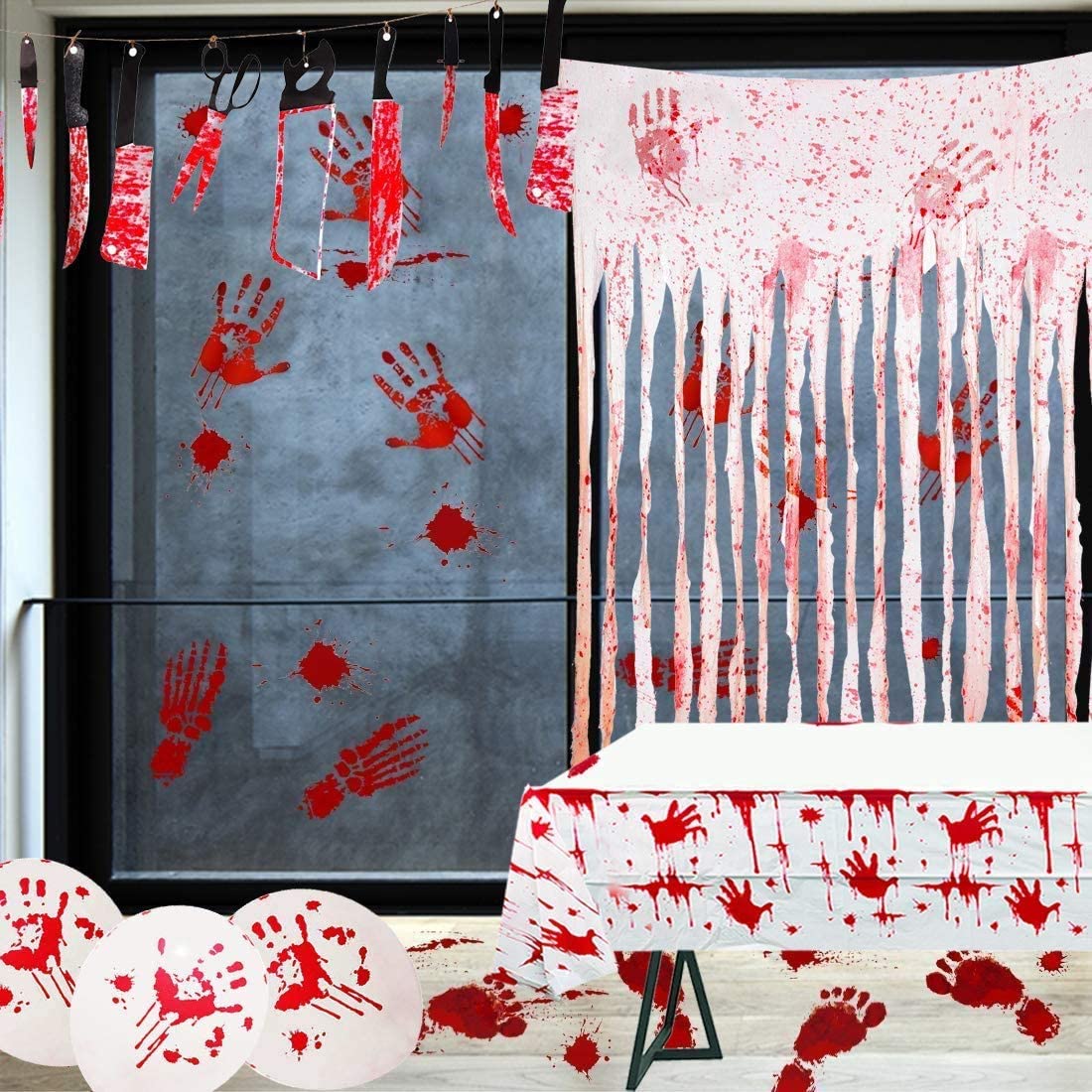 Humairc Halloween Party Decoration Including 12pcs Bloody Garland Torture 1 Bloody Tablecloth 1 Curtain 2 Handprints Footprints Stickers Scary halloween Bloody Balloons for Home Haunted House