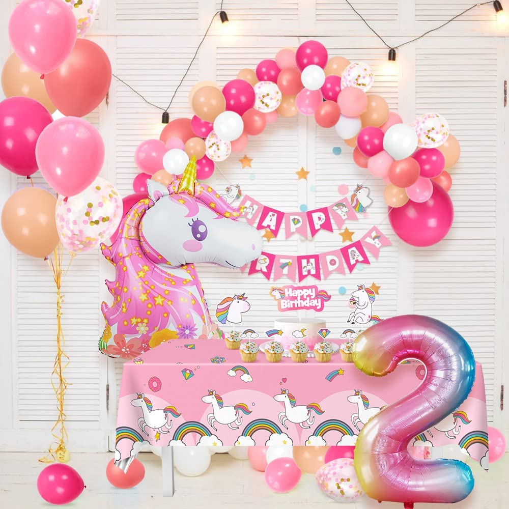 Humairc Decoration Anniversaire Licorne, Deco anniversaire Fille 2 ans Ballon Licorne Nappe Licorne Banderole Joyeux Anniversaire Decoration Gateau Grand Ballon Numéro 2, Cadeau Enfant 2 ans