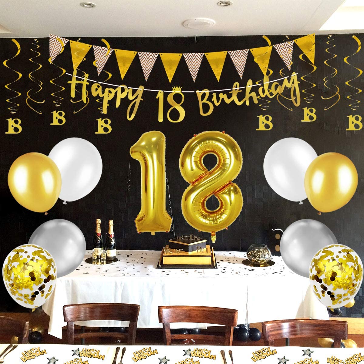 Humairc 18th Gold White Birthday Decorations, 18th Happy Birthday Banner Triangle Flag Banners 6pcs Nunber Hanging Swirl, Number 18 Balloons 8pcs Latex Balloons Table Confetti - Man Woman Boys Girls