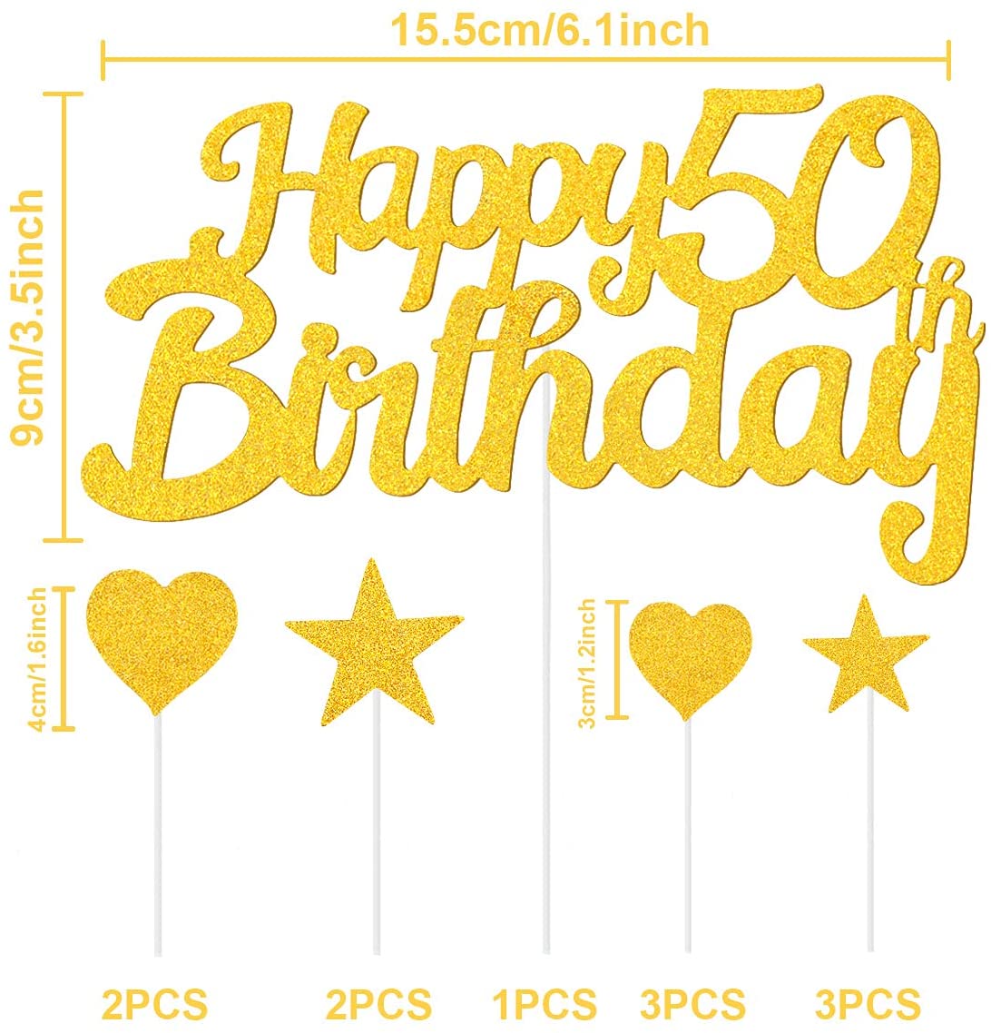 Humairc 50th Cake Toppers Men, 50th Cake Decorations Women, Gold Happy Birthday Cupcake Topper Star Heart Topper for Birthday Party Decor - 50 Years Old Birthday Cake Ideas - Boy Girl