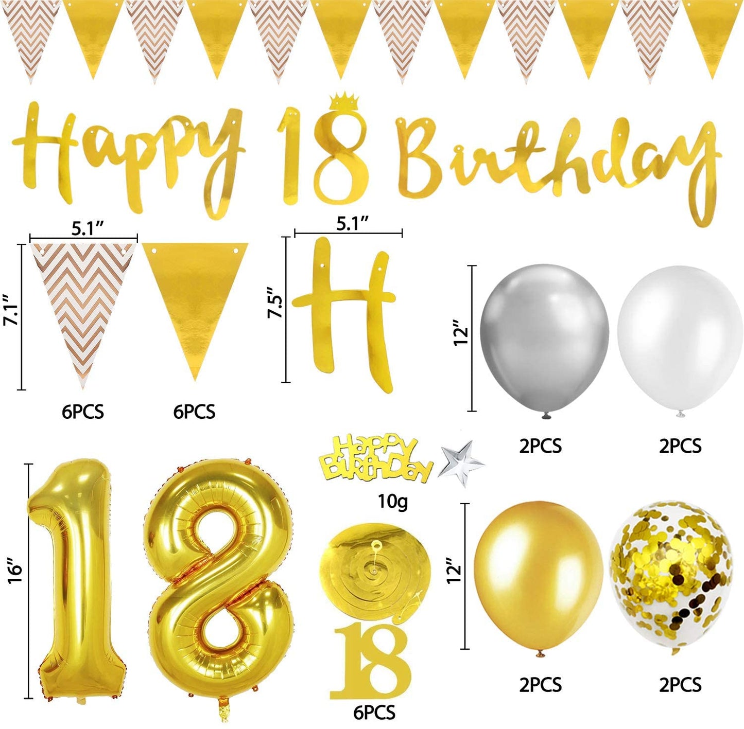 Humairc 18th Gold White Birthday Decorations, 18th Happy Birthday Banner Triangle Flag Banners 6pcs Nunber Hanging Swirl, Number 18 Balloons 8pcs Latex Balloons Table Confetti - Man Woman Boys Girls